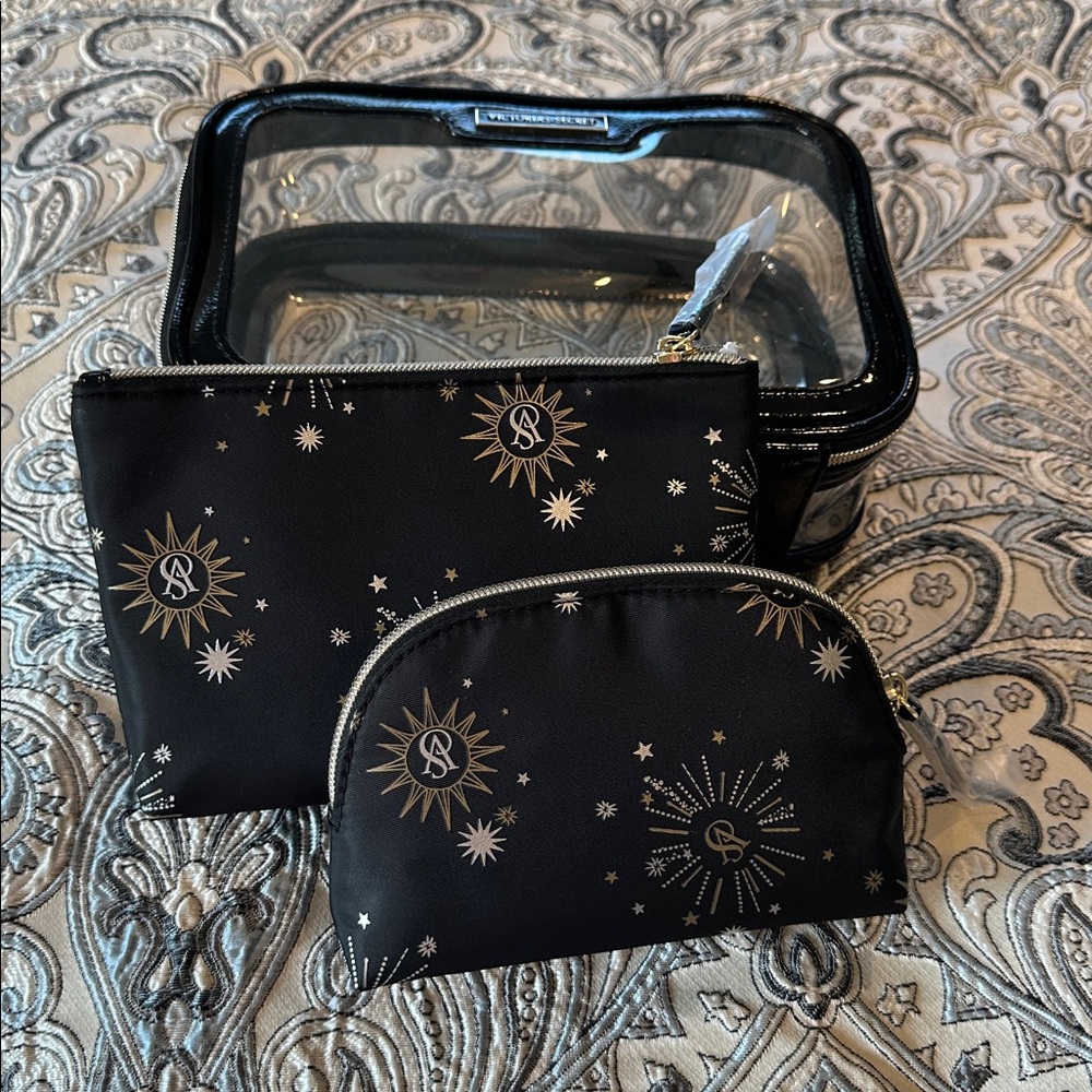 Victoria's Secret Black and Gold Star Cosmetic Bag Set NWT - Picture 2 of 8